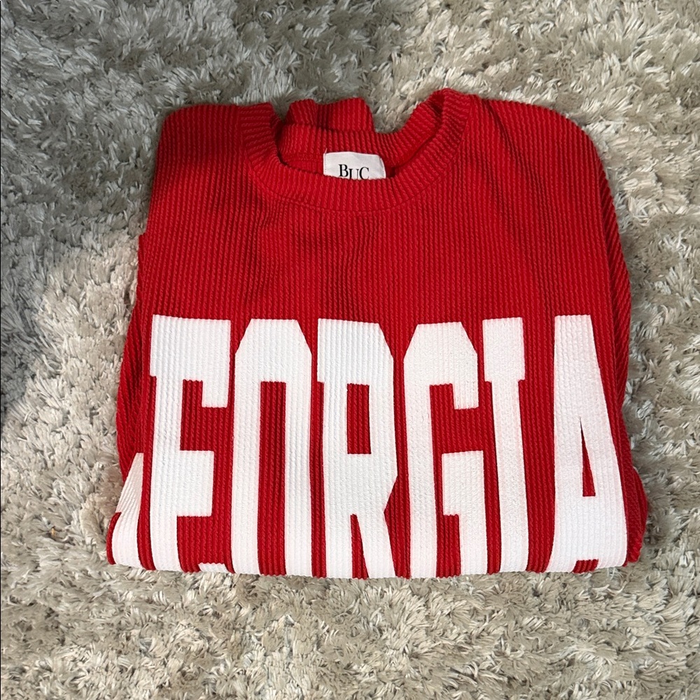 Red 'Georgia' Ribbed Knit Sweater - White Lettering